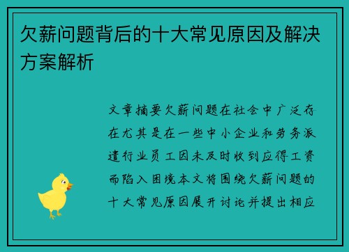 欠薪问题背后的十大常见原因及解决方案解析